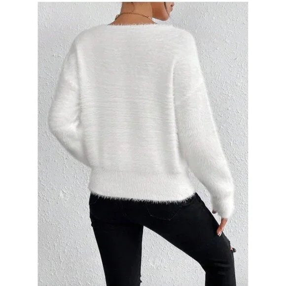 White Drop Shoulder Fuzzy Sweater - Picture 5 of 10